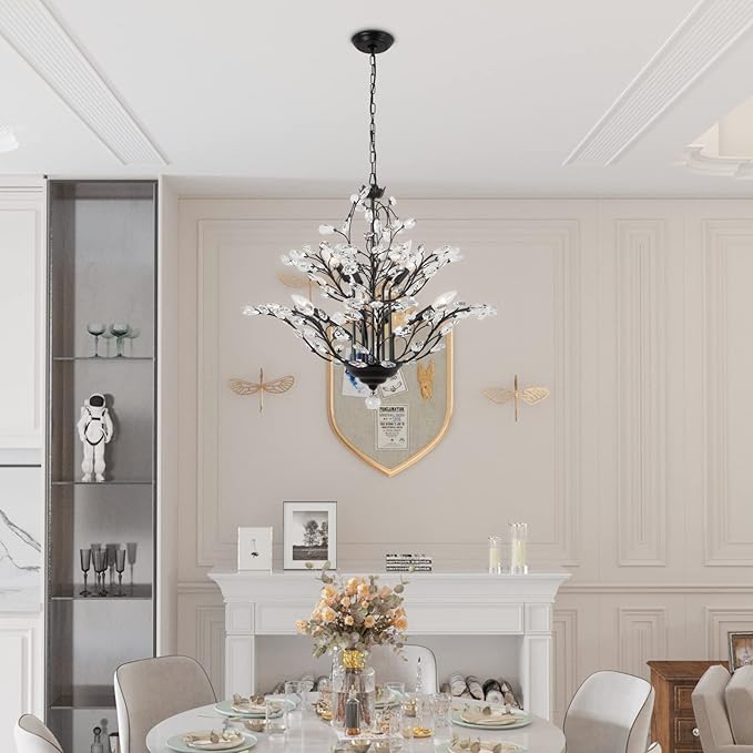 Maxax Vintage Crystal Branch Chandeliers, 8-Light Adjustable K9 Crystal Pendant Hanging Lighting Ceiling Light Fixtures Chandeliers for Dining Room, Living Room, Bedroom, Porch, 27.5in, Black