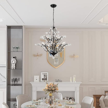 Maxax Vintage Crystal Branch Chandeliers, 8-Light Adjustable K9 Crystal Pendant Hanging Lighting Ceiling Light Fixtures Chandeliers for Dining Room, Living Room, Bedroom, Porch, 27.5in, Black