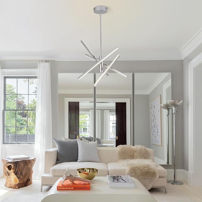 Modern Silver Chandelier Light Fixtures: LED 4-Light Sputnik Dining Room Chandeliers Silvery Linear Pendant Lights Fixture Over Table Dimmable with Remote for Kitchen Island Living Room