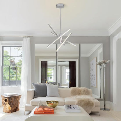 Modern Silver Chandelier Light Fixtures: LED 4-Light Sputnik Dining Room Chandeliers Silvery Linear Pendant Lights Fixture Over Table Dimmable with Remote for Kitchen Island Living Room