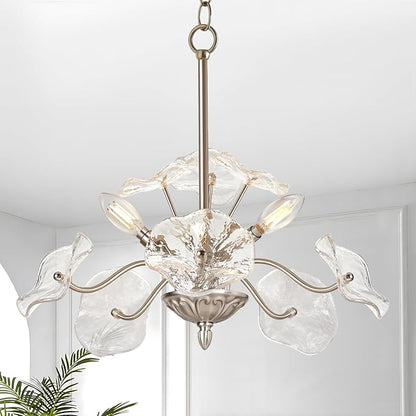 Luvkczc Modern Brushed Nickel Chandelier,Vintage Flower Glass Pendant Light Fixture,Mid Century Ceiling Light Fixture for Dining Room, Kitchen, Living Room, Bedroom Hallway Porch,3 Lights