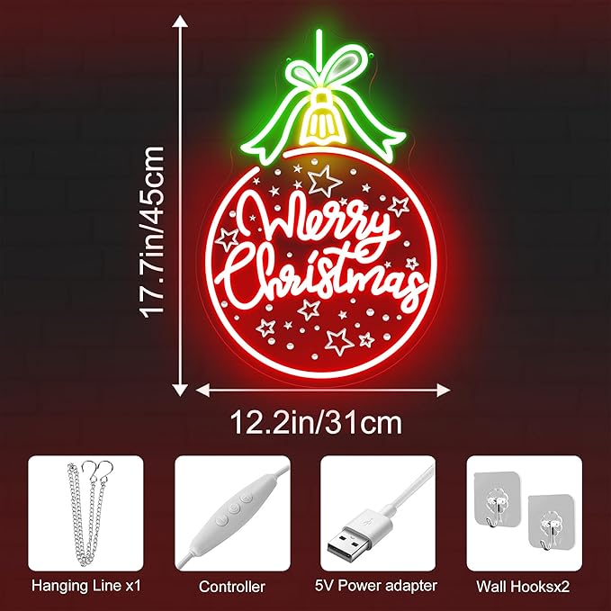 Red Christmas Ball Ornament with Green Bowknot, LED Light-Up "Merry Christmas" Lettering, Engraved Star Patterns, USB-Powered with 5 Brightness Levels, Festive Hanging Decoration 17.7″×12.2″
