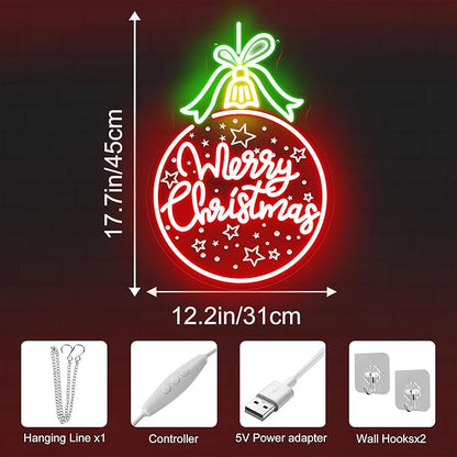 Red Christmas Ball Ornament with Green Bowknot, LED Light-Up "Merry Christmas" Lettering, Engraved Star Patterns, USB-Powered with 5 Brightness Levels, Festive Hanging Decoration 17.7″×12.2″