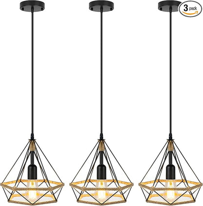 ropelux Pendant Lights Fixtures, Black Farmhouse Kitchen Island Lighting, Adjustable Height Modern Metal Hanging Light Fixture for Kitchen Island Sink Dining Room Bedroom- 3 Pcs