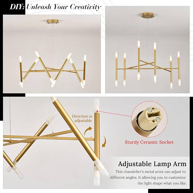 Gold Chandelier Light Fixture, 12-Light Brassy Gold Chandelier for Dining Room 35" Geometric Hanging Chandeliers Mid-Century Light Fixture for Entry Kitchen Bedroom, G9