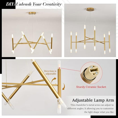 Gold Chandelier Light Fixture, 12-Light Brassy Gold Chandelier for Dining Room 35" Geometric Hanging Chandeliers Mid-Century Light Fixture for Entry Kitchen Bedroom, G9