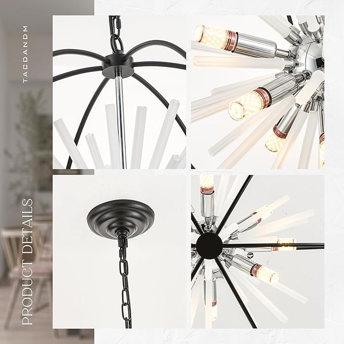 23.6" Black Chrome 9-Light Globe Sputnik Chandelier Modern Adjustable Hanging Ceiling Glass Tube Pendant Light Fixture for Entryway Foyer Staircase Dining Living Room Hallway