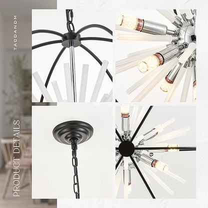 23.6" Black Chrome 9-Light Globe Sputnik Chandelier Modern Adjustable Hanging Ceiling Glass Tube Pendant Light Fixture for Entryway Foyer Staircase Dining Living Room Hallway