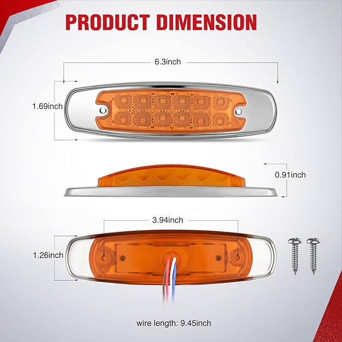 Nilight 20 Pack 6.3 Inch Rectangle Amber Side Marker Lights 12 LED 3 Functions (High/Low/Strobe) IP67 Waterproof Stainless Steel Chrome Bezel 12V Surface Mount for Truck Trailer RV SUV Boat