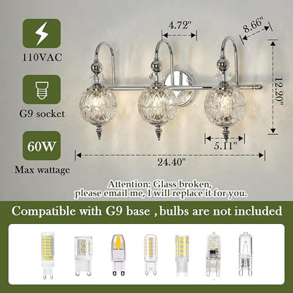 Piepooye Modern Bathroom Light Fixtures Polished Chrome Vanity Light with Glass Globe LampShade 3 Lights Mid Century G9 Bulb Wall Sconce Indoor Vanity Light Over Mirror for Bedroom Kitchen Hallway