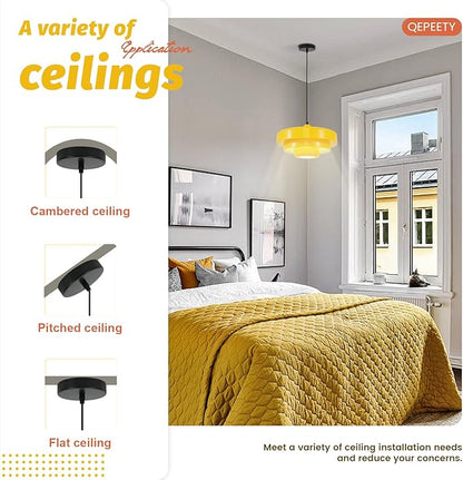 Mid Century Yellow Flush Mount Pendant Light, 3-Layer Metal Industrial Chandelier for Kitchen Island, Dining Room, Foyer, Retro Vintage Ceiling Light Fixture