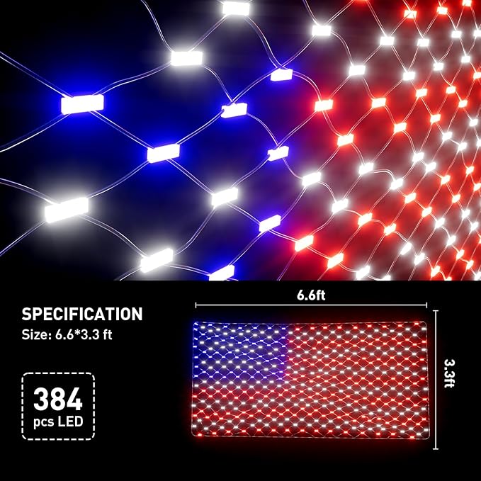 Leisure world American Flag Lights – 384 Super Bright LEDs, Waterproof USA Flag Decoration for 250th Anniversary, Independence Day (July 4th), Memorial Day, Christmas & Holiday Party