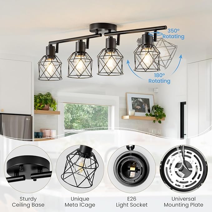 4-Lights Kitchen Track Lighting, Adjustable Multi-Directional Ceiling Light Fixtures, Rotatable Farmhouse Light Fixtures Mount with Metal Cage for Dining Room, Living Room, Bedroom, E26 Base