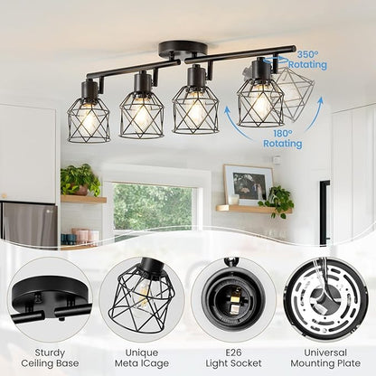 4-Lights Kitchen Track Lighting, Adjustable Multi-Directional Ceiling Light Fixtures, Rotatable Farmhouse Light Fixtures Mount with Metal Cage for Dining Room, Living Room, Bedroom, E26 Base