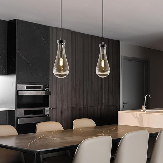 Raindrop Pendant Lights Kitchen Island: Modern 2 Black Teardrop Hanging Light for Bathroom - Crystal Pendants Light over Dining Table - Brass Raindrops lamps Fixture for Bedroom Hallway Bulbs Included
