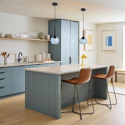 Glass Pendant Lights Kitchen Island: 5.91'' 2-Pack 1-Light Blue Hammered Glass Pendant Light with Black Finish - Modern Minimalist Hanging Light Fixture for Kitchen Sink Dining Room Bedroom