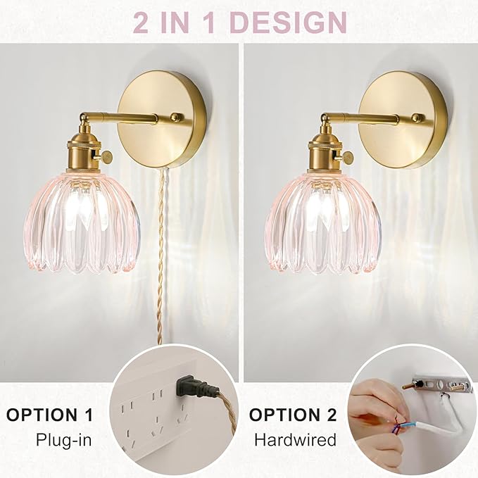 Plug in Wall Sconces Set of 2, Vintage Wall Sconce Light with Tulip Pink Glass Lampshade, Bedroom Wall Sconce with Switch and Plug in wall lamp Cord, Gold Wall Light Wall Decor Set of 2