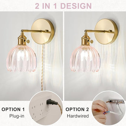 Plug in Wall Sconces Set of 2, Vintage Wall Sconce Light with Tulip Pink Glass Lampshade, Bedroom Wall Sconce with Switch and Plug in wall lamp Cord, Gold Wall Light Wall Decor Set of 2