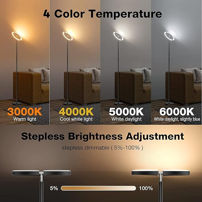 SIBRILLE LED Floor Lamp - Rotatable Standing Lamp with Touch & Remote Control, 3000-6000K, 22W Modern Floor Reading Light, Dimmable Corner Uplighter for Living Room Bedroom Office, Black