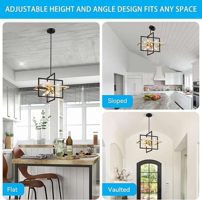 XINGQI Modern Geometric Pendant Lighting 8-Light Black and Gold Farmhouse Chandelier Ceiling Light Fixtures for Dining Room Living Room Kitchen Island Bedroom Hallway