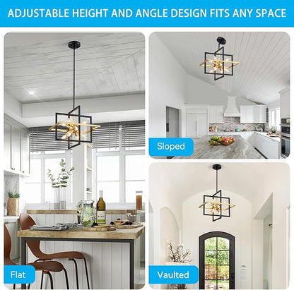 XINGQI Modern Geometric Pendant Lighting 8-Light Black and Gold Farmhouse Chandelier Ceiling Light Fixtures for Dining Room Living Room Kitchen Island Bedroom Hallway