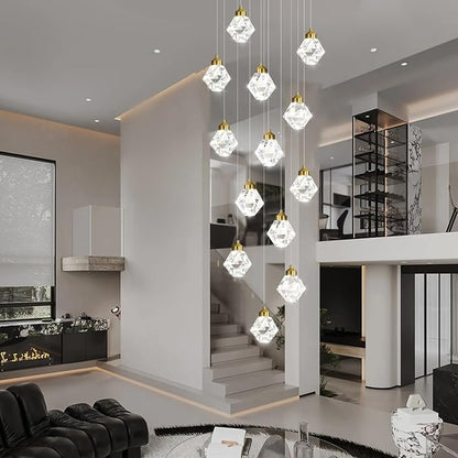 H138in Foyer Chandelier Staircase Chandeliers for High Ceiling Gold Pendant Light Fixture 14-Lights Crystal Chandelier Lighting Fixture for Living Room Staircase Villa