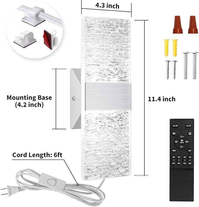 GOODATE Plug in Wall Sconces with Adjustable 3000K-6500K Colors & 10%-100% Brightness, Sconces Wall Decor Set of 2 with Remote Control, 12W Acrylic LED Plug in Wall Light (2 Pack, Corrugated Finish)
