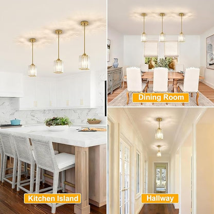 3 Pack Crystal Pendant Lights Kitchen Island, Modern Brushed Gold Kitchen Pendant Lights Over Island, Hexagonal Crystal Hanging Lights for Island, Dining Room, Hallway, Foyer, Entryways