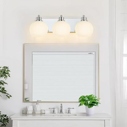 Tuscarora Chrome Vanity Light - 3 Light Bathroom Vanity Light with Milk Glass Shade, Over Mirror Lighting Fixture