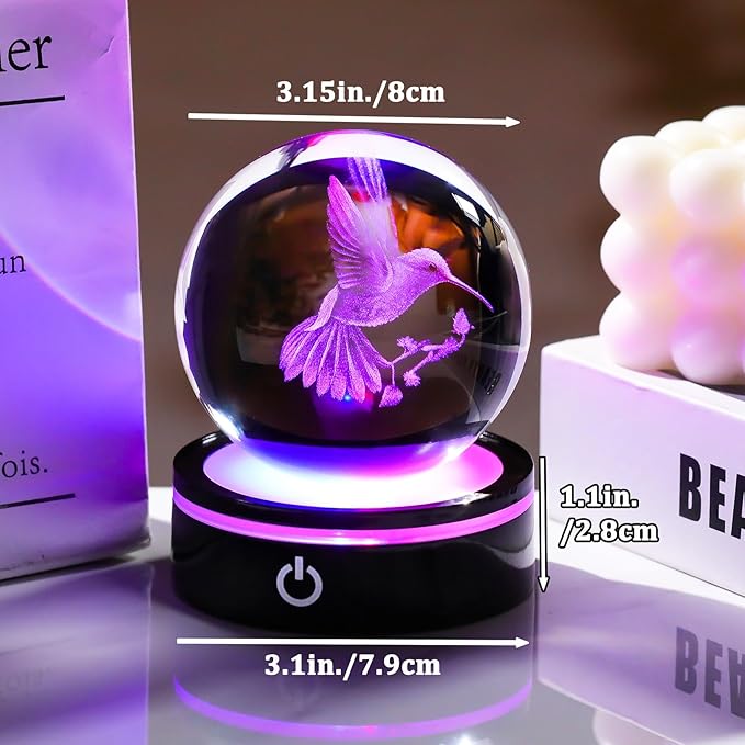 YWHL 3D Crystal Ball Hummingbird Figurine with LED Base, Hummingbird Gifts for Women Men on Christmas Birthday, Hummingbirds Ornament Glass Decorative Ball for Home Decor (80mm)
