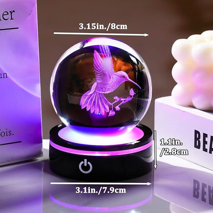 YWHL 3D Crystal Ball Hummingbird Figurine with LED Base, Hummingbird Gifts for Women Men on Christmas Birthday, Hummingbirds Ornament Glass Decorative Ball for Home Decor (80mm)