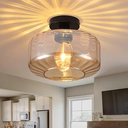 Glass Semi Flush Mount Ceiling Light, Modern Close to Ceiling Light Fixtures with Amber Glass Shade, 11" Round Light Fixtures Ceiling Mount for Bathroom Dining Room Bedroom Living Room Hallway, E26