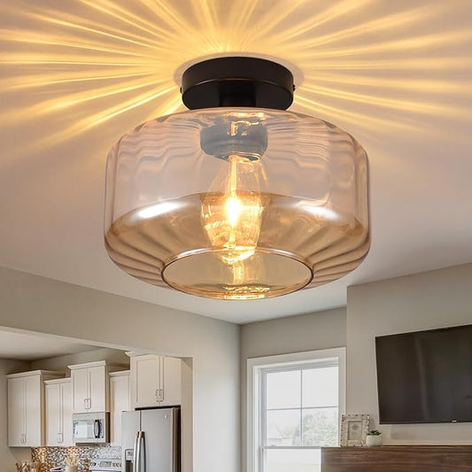 Glass Semi Flush Mount Ceiling Light, Modern Close to Ceiling Light Fixtures with Amber Glass Shade, 11" Round Light Fixtures Ceiling Mount for Bathroom Dining Room Bedroom Living Room Hallway, E26