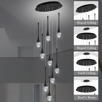 Modern Crystal Chandelier 10-Lights Black, H98.5'' High Ceiling Spiral Dimmable LED Bubble Crystal Raindrop Light Fixture for Foyer Entryway Dining Room Remote Control