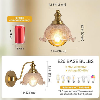 Vintage wall Sconce, Gold wall sconces with Amber Glass Shade, Bathroom Vanity Lights for Living Rooms Bedrooms Bathrooms Above Mirrors Hallways, E26 (Bulb Not Included)