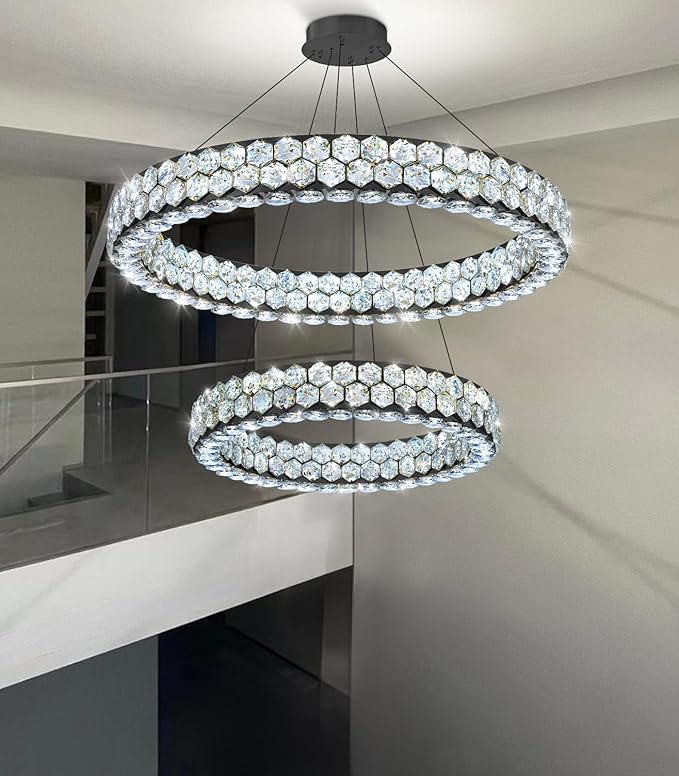 2 Rings Crystal Chandeliers for Dining Room for Living Room Bedroom High Ceiling Light Fixture LED Dimmable with Remote Ring Lights Black