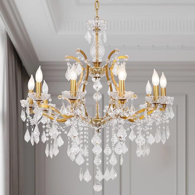 Polished Golden Bronze Chandelier, 10-Light Antique Gold Candle Pendant Ceiling Light Fixture with K9 Crystals for Dining and Living Room, Foyer, Kitchen Island, Hallway