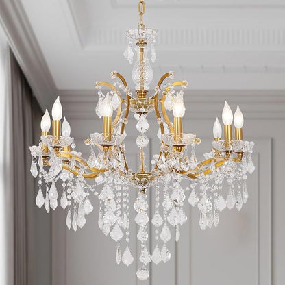 Polished Golden Bronze Chandelier, 10-Light Antique Gold Candle Pendant Ceiling Light Fixture with K9 Crystals for Dining and Living Room, Foyer, Kitchen Island, Hallway
