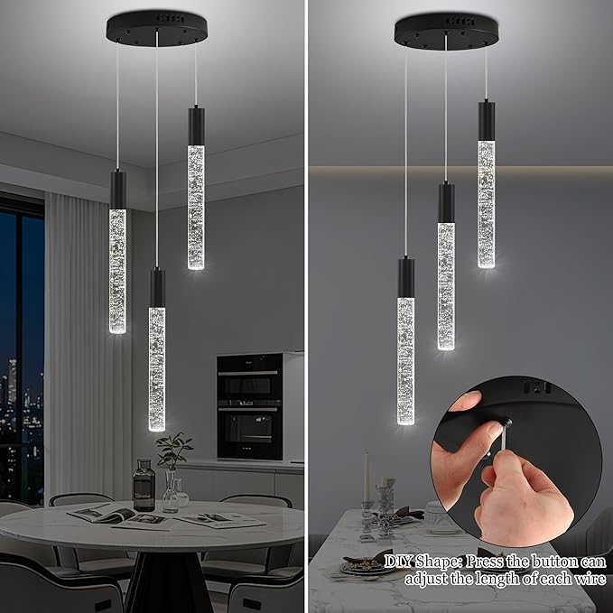 Modern Crystal Chandelier 3-Lights, Spiral LED Raindrop Kitchen Island Pendant Lighting, Bubble Foyer Dinimg Room Hanging Light Fixture Remote Control Black