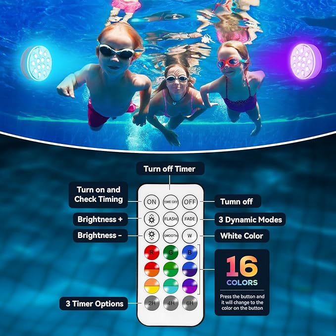 VICHTOP Pool Lights - 2 Pack, Rechargeable Submersible LED Pool Lights with Remote, IP68 Waterproof Underwater Pool Decor Light for Inground Pools, Above Ground Pools, Parties, Hot Tubs, Vase Bases