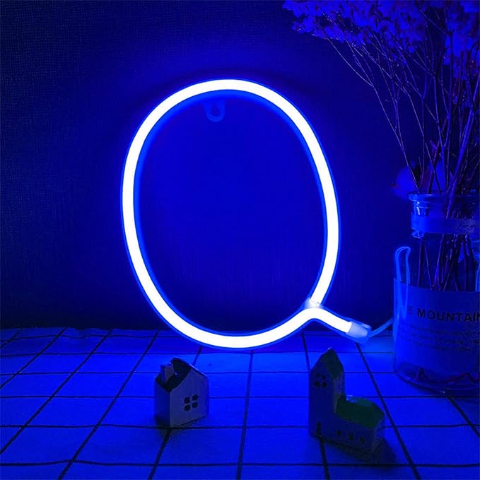 ENUOLI Blue Neon Letters Light Sign Alphabet A-Z on Wall Marquee Night Lamps Neon Letters Lamps LED Girls Night Light Lighting up Words for Birthday Wedding Party Bar Bedroom Wall Hanging Decor (Q)