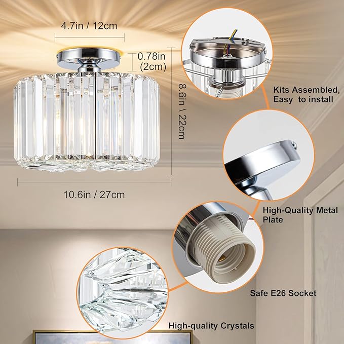 HOPGGIE 10.6" Semi Flush Mount Ceiling Light Mini Small Crystal Chandeliers Modern Hallway Light Fixtures Ceiling Flush Mount Ceiling Light Fixture for Entryway Bedroom Bathroom Living Room