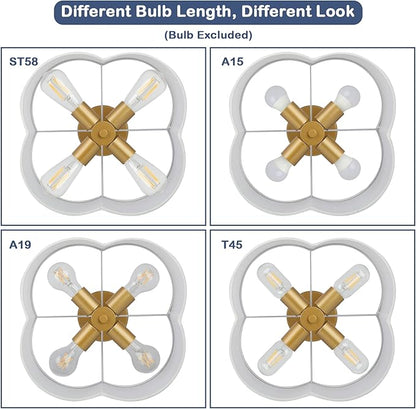 4-Light 14.4'' Semi Flush Mount Ceiling Light Fixture, Gold Modern Close to Ceiling Lamp with White Fabric Shade, Farmhouse Bright Lighting Brass Finish for Nursery Kids Room Bedroom Hallway Entryway