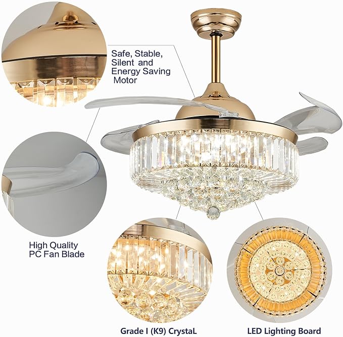 DuMaiWay 36" Dimmable Crystal Ceiling Fan with Light, Fandelier,Chandelier Fan with 4 Retractable Blades LED Remote APP Control for Living Room, Bedroom, Dining Room 6 Speed-Gold