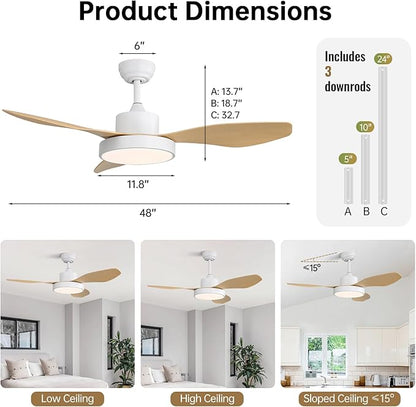 48 Inch Ceiling Fan with Lights Flush Mount Modern Outdoor Ceiling Fans with Remote,3 CCT Dimmable Quiet DC Motor & Timer for Patio/Bedroom/Farmhouse/Indoor (Natural Wood, 48 Inch/Smart Control)