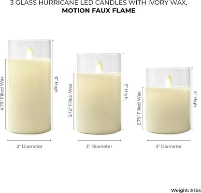 LumaBase Battery Operated Glass Hurricane LED Candles with Flickering Flame - Set of 3