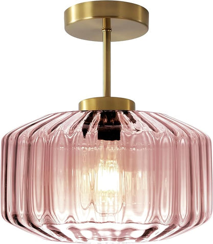 Modern Semi-Flush Mount Light Fixture Blush Pink Ceiling Lamp with Brushed Gold Base, Bedroom Light Fixture for Girls Bedroom, Nursery, Master Suite Hallway