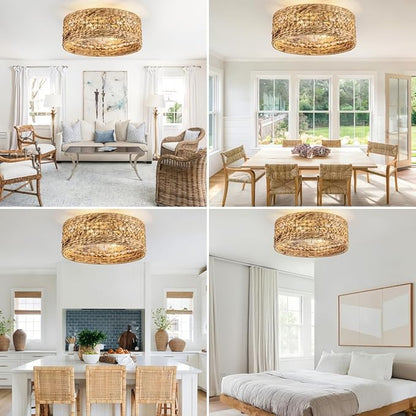 Handwoven Boho Ceiling Fan with Light,Rattan Caged Ceiling Fans with Lights and Remote Control Flush Mount Low Profile Enclosed 6 Speeds Fandelier for Bedroom,Living Room,Dining Room,4-Light