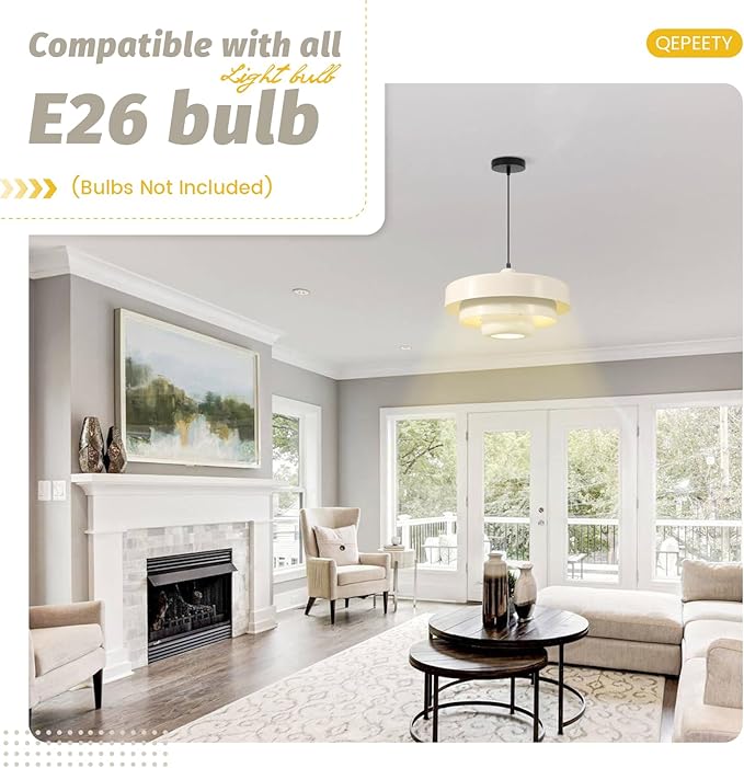 Mid-Century Modern Pendant Light, Beige Pendant Lighting, 1-Light Adjustable Hanging Light Fixture for Kitchen Island, Dining Room, Bedroom, Living Room