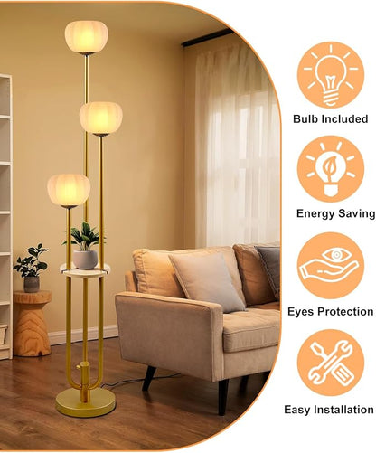Gold Floor Lamp with Table, Modern Dimmable Floor Lamps with Pumpkin Lampshade, 3000K Soft Warm White Bulbs Included, 3-Light Tall Standing Lamp with 5Lbs Heavy Base for Living Room/Bedroom